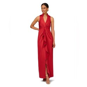 NWT Aidan Mattox by Adrianna Papell Crepe Back Satin V-neck Vibrant Red Dress, 0